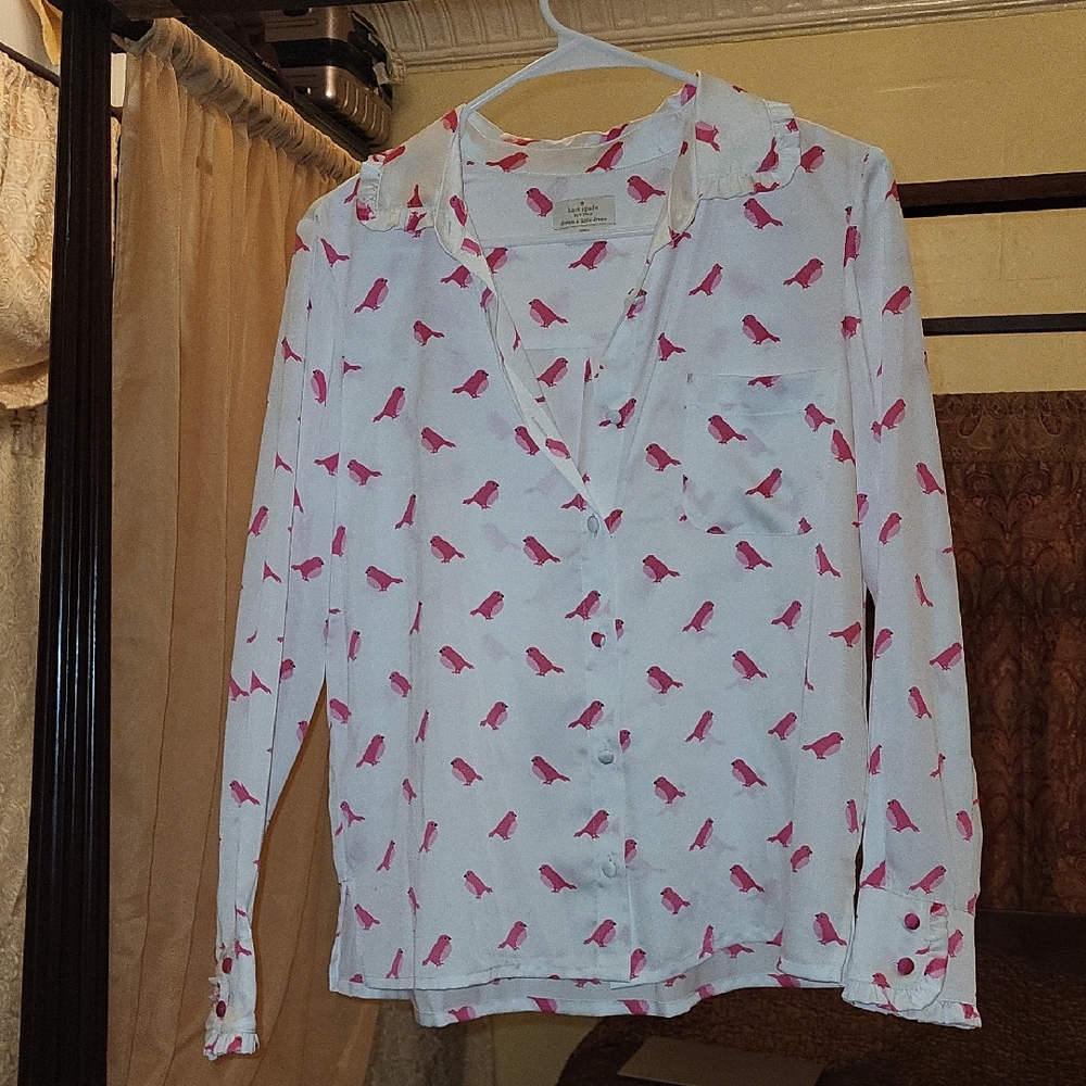 kate spade White Blouse with Pink Bird Print
